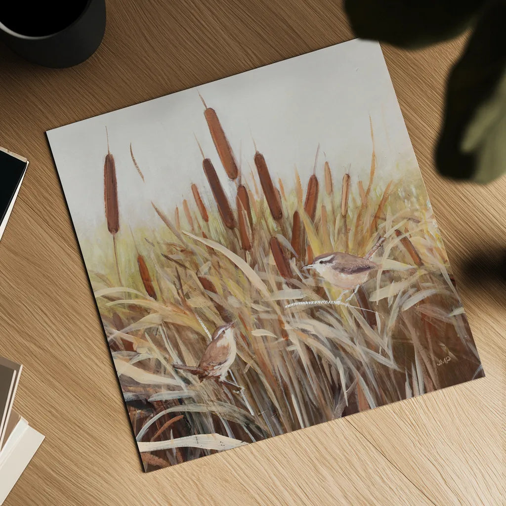 Whispering Cattails II by Julia Purinton. Shown as a detailed flat fine art print, highlighting archival giclee quality. Available as an archival giclee rolled canvas, fine art paper, or poster print. SKU 86017a.