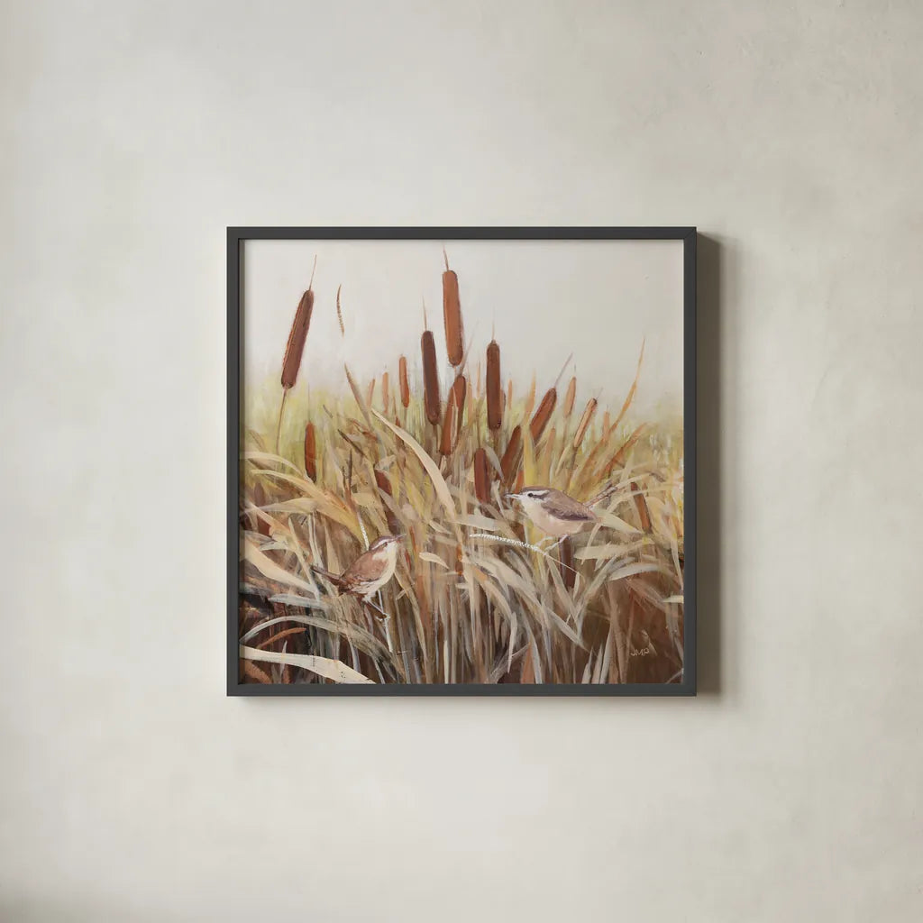 Whispering Cattails II by Julia Purinton. Shown in a sleek black glass frame for a contemporary gallery look. Available as an archival giclee rolled canvas, fine art paper, or poster print. SKU 86017a.