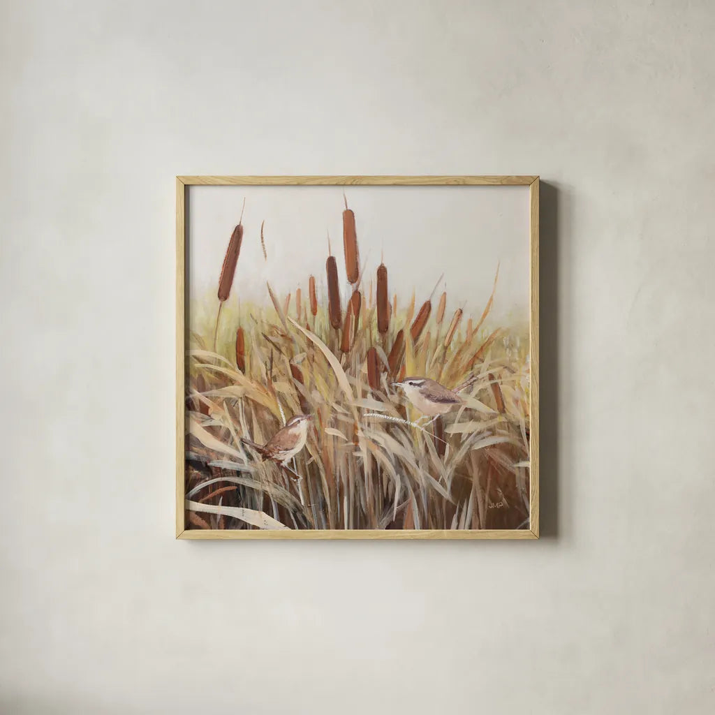 Whispering Cattails II by Julia Purinton. Shown in a natural wood glass frame for a timeless modern aesthetic. Available as an archival giclee rolled canvas, fine art paper, or poster print. SKU 86017a.