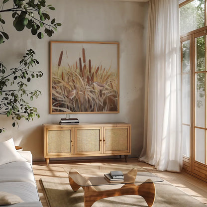 Whispering Cattails II by Julia Purinton. Shown in a natural wood frame in a cozy modern living room. Available as an archival giclee rolled canvas, fine art paper, or poster print. SKU 86017a.