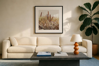Whispering Cattails II by Julia Purinton. Displayed in a glass frame with matte in a clean modern living room. Available as an archival giclee rolled canvas, fine art paper, or poster print. SKU 86017a.