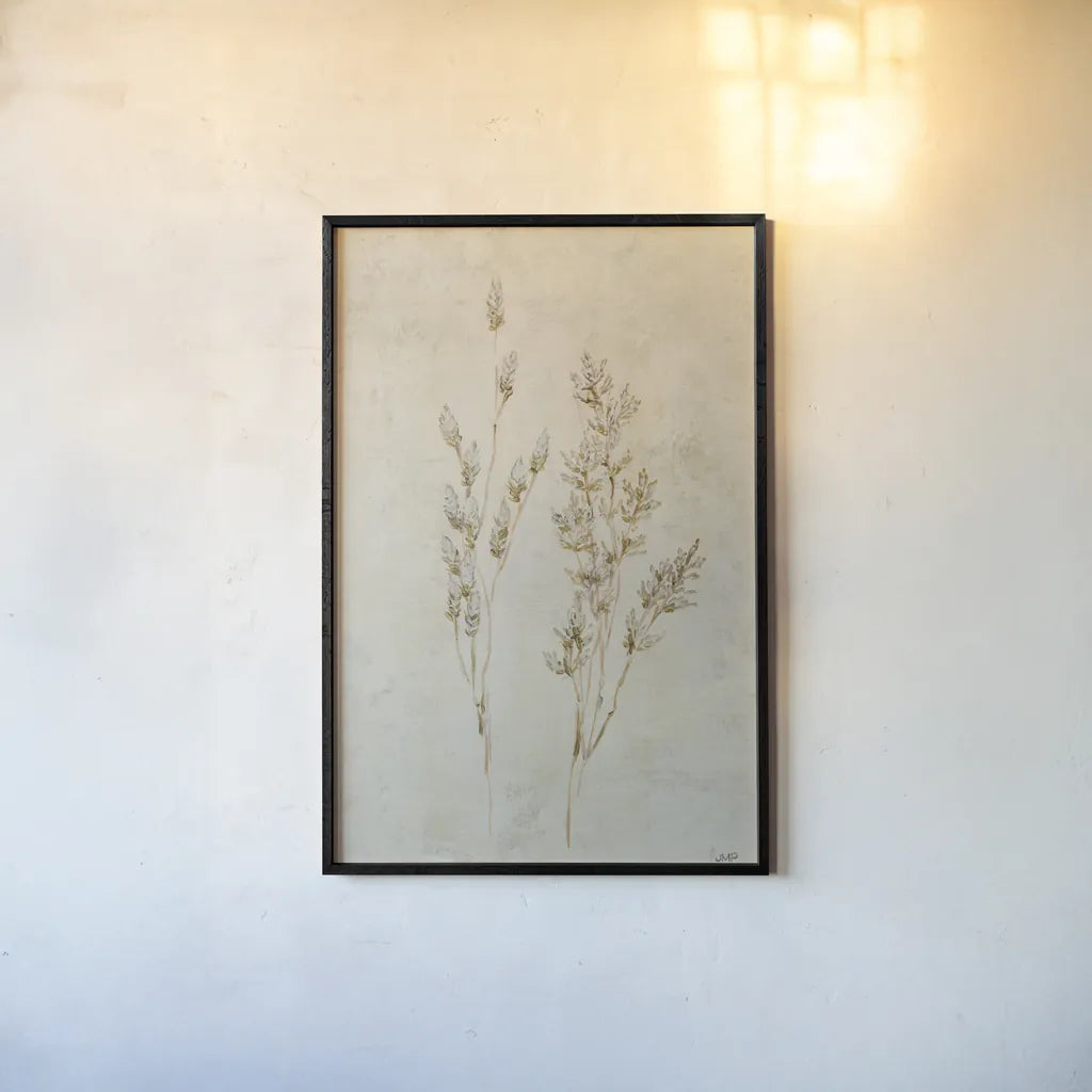 Whispering Grasses II by Julia Purinton. shown as a paper print in a black flame. Available as a archival giclee rolled canvas, fine art paper, or poster print. SKU 85284h.
