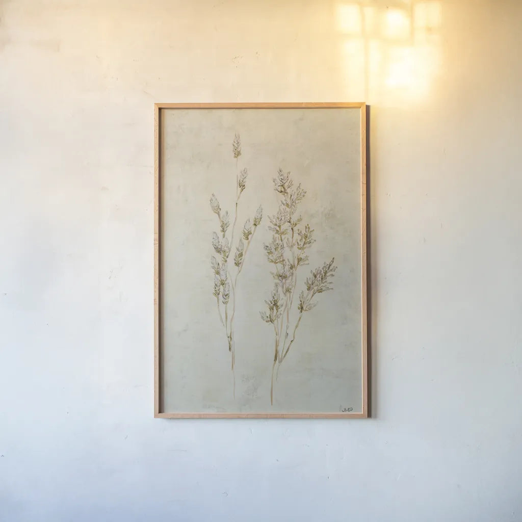 Whispering Grasses II by Julia Purinton. shown as a paper print in a natural frame. Available as a archival giclee rolled canvas, fine art paper, or poster print. SKU 85284h.