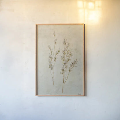 Whispering Grasses II by Julia Purinton. shown as a paper print in a natural frame. Available as a archival giclee rolled canvas, fine art paper, or poster print. SKU 85284h.