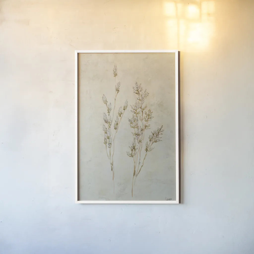 Whispering Grasses II by Julia Purinton. shown as a paper print in a white frame. Available as a archival giclee rolled canvas, fine art paper, or poster print. SKU 85284h.
