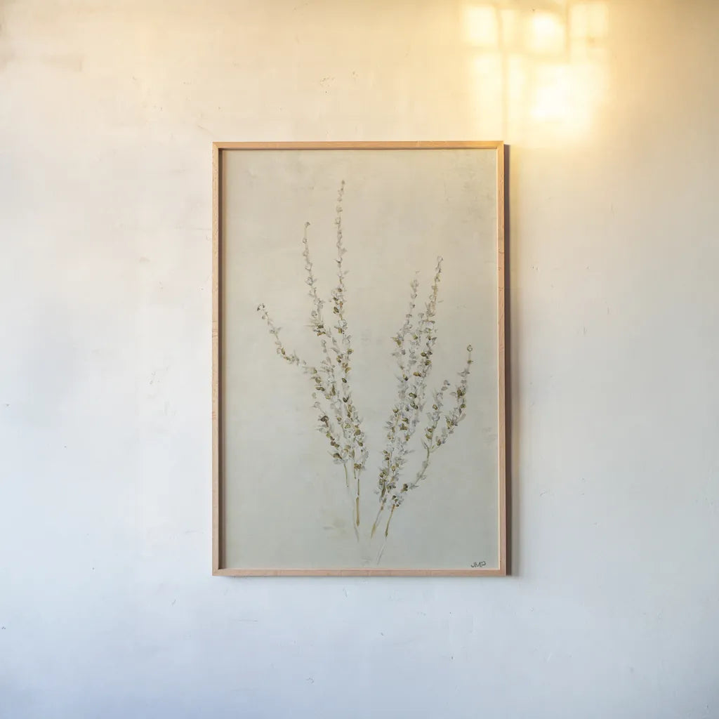 Whispering Grasses III by Julia Purinton. shown as a paper print in a natural frame. Available as a archival giclee rolled canvas, fine art paper, or poster print. SKU 85285h.