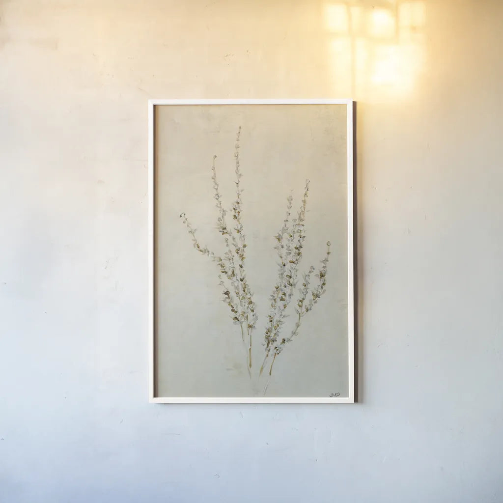 Whispering Grasses III by Julia Purinton. shown as a paper print in a white frame. Available as a archival giclee rolled canvas, fine art paper, or poster print. SKU 85285h.
