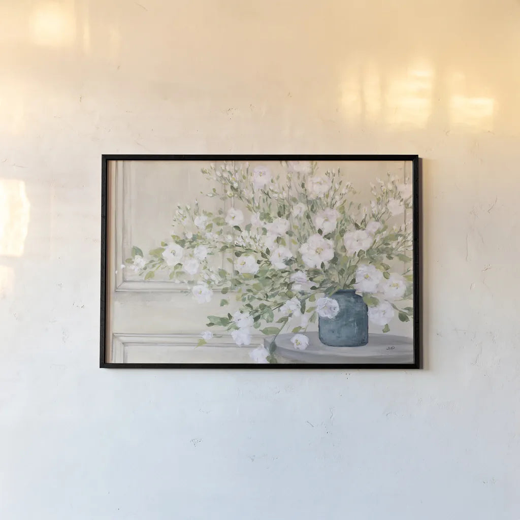 White Bouquet by Julia Purinton. shown as a paper print in a black flame. Available as a archival giclee rolled canvas, fine art paper, or poster print. SKU 72770i.