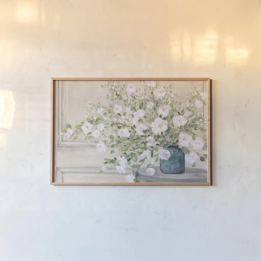 White Bouquet by Julia Purinton. shown as a paper print in a natural frame. Available as a archival giclee rolled canvas, fine art paper, or poster print. SKU 72770i.