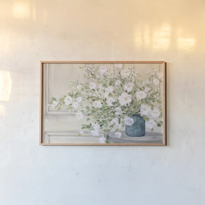 White Bouquet by Julia Purinton. shown as a paper print in a natural frame. Available as a archival giclee rolled canvas, fine art paper, or poster print. SKU 72770i.