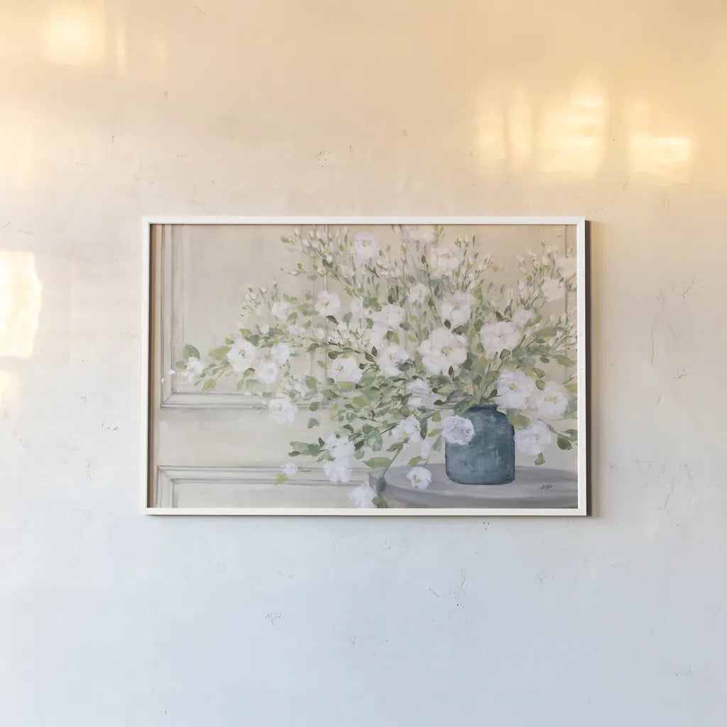 White Bouquet by Julia Purinton. shown as a paper print in a white frame. Available as a archival giclee rolled canvas, fine art paper, or poster print. SKU 72770i.