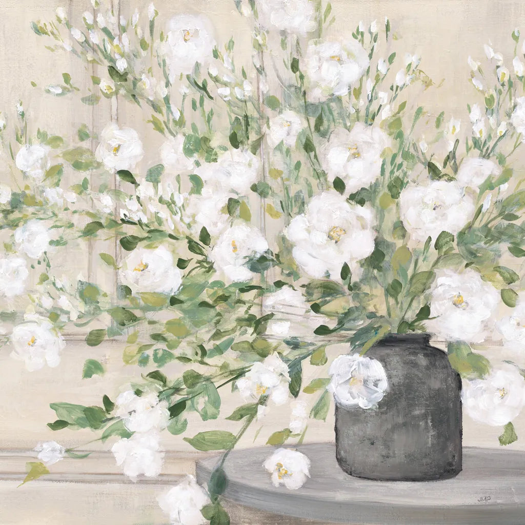 White Bouquet Gray Vase by Julia Purinton. SKU 73905a. Archival Giclee Fine art print for wall decor.