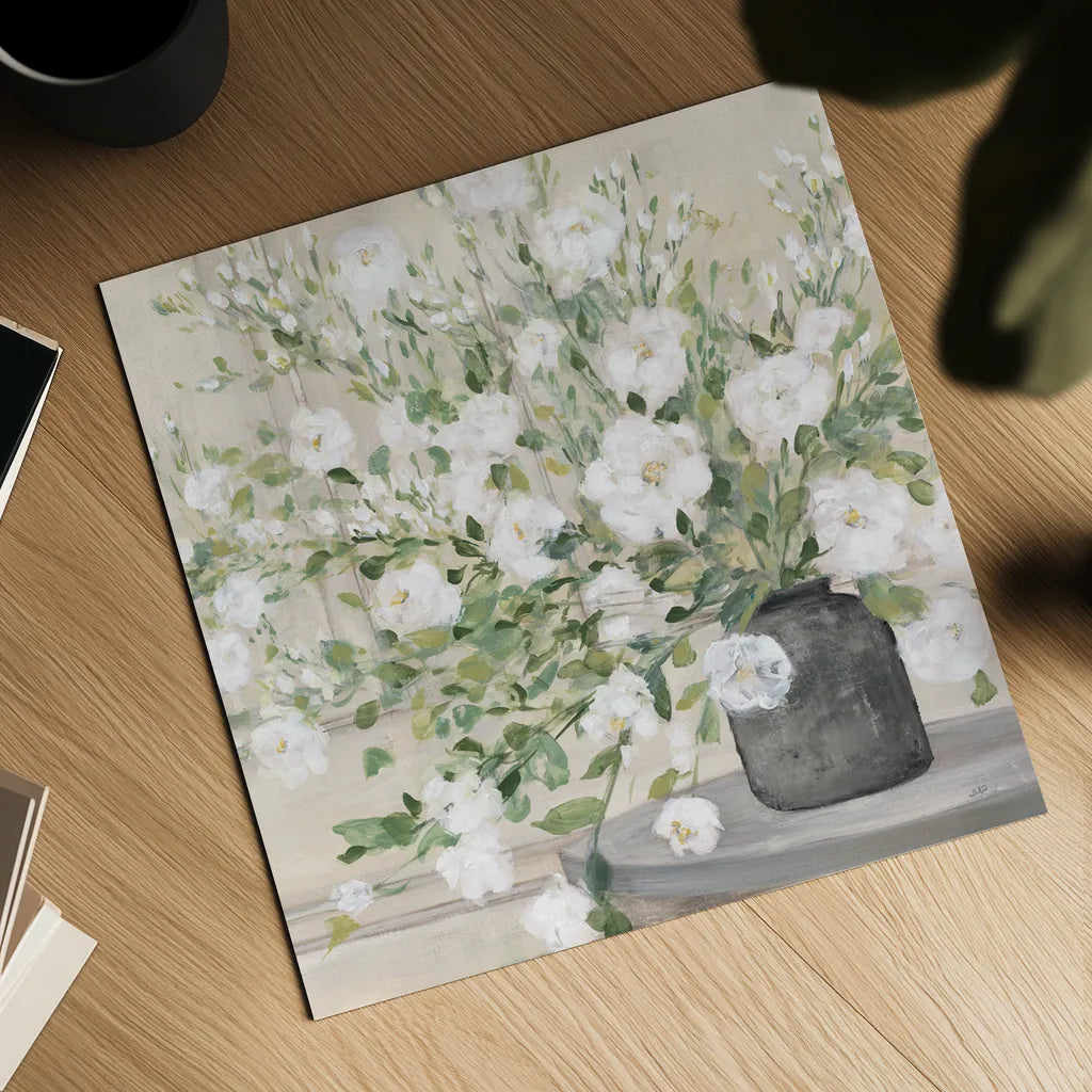 White Bouquet Gray Vase by Julia Purinton. Shown as a detailed flat fine art print, highlighting archival giclee quality. Available as an archival giclee rolled canvas, fine art paper, or poster print. SKU 73905a.