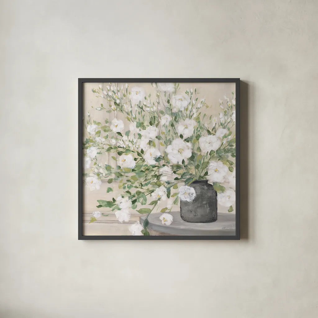 White Bouquet Gray Vase by Julia Purinton. Shown in a sleek black glass frame for a contemporary gallery look. Available as an archival giclee rolled canvas, fine art paper, or poster print. SKU 73905a.