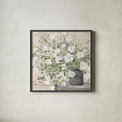 White Bouquet Gray Vase by Julia Purinton. Shown in a sleek black glass frame for a contemporary gallery look. Available as an archival giclee rolled canvas, fine art paper, or poster print. SKU 73905a.