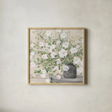 White Bouquet Gray Vase by Julia Purinton. Shown in a natural wood glass frame for a timeless modern aesthetic. Available as an archival giclee rolled canvas, fine art paper, or poster print. SKU 73905a.