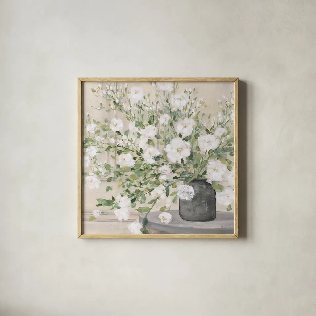 White Bouquet Gray Vase by Julia Purinton. Shown in a natural wood glass frame for a timeless modern aesthetic. Available as an archival giclee rolled canvas, fine art paper, or poster print. SKU 73905a.