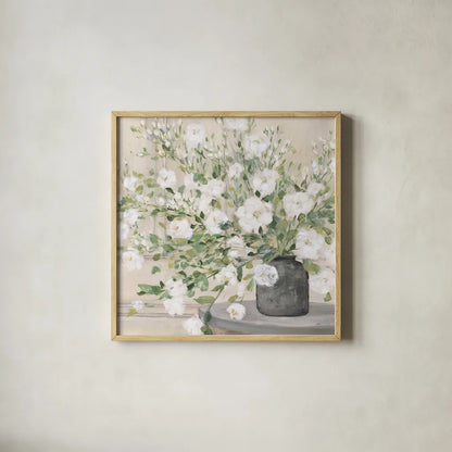 White Bouquet Gray Vase by Julia Purinton. Shown in a natural wood glass frame for a timeless modern aesthetic. Available as an archival giclee rolled canvas, fine art paper, or poster print. SKU 73905a.