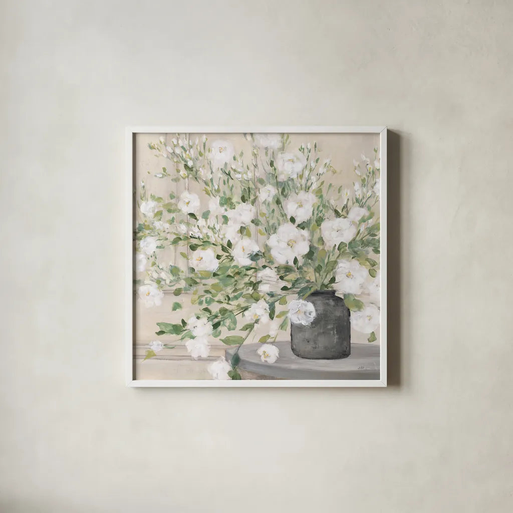White Bouquet Gray Vase by Julia Purinton. Shown in a crisp white glass frame for a clean and minimalist style. Available as an archival giclee rolled canvas, fine art paper, or poster print. SKU 73905a.