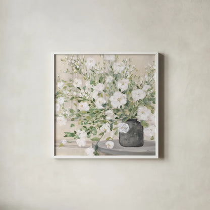 White Bouquet Gray Vase by Julia Purinton. Shown in a crisp white glass frame for a clean and minimalist style. Available as an archival giclee rolled canvas, fine art paper, or poster print. SKU 73905a.