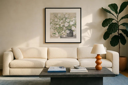 White Bouquet Gray Vase by Julia Purinton. Displayed in a glass frame with matte in a clean modern living room. Available as an archival giclee rolled canvas, fine art paper, or poster print. SKU 73905a.
