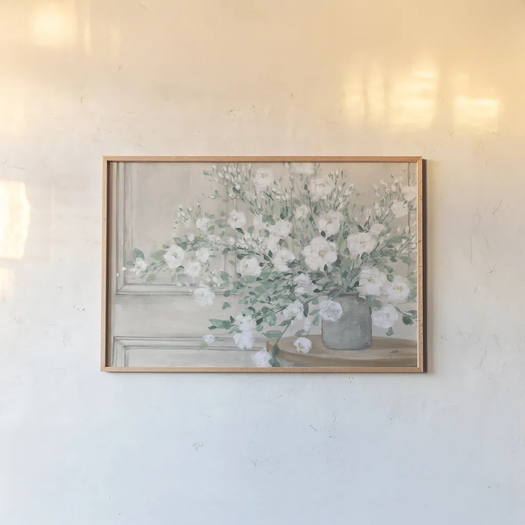 White Bouquet Neutral by Julia Purinton. shown as a paper print in a natural frame. Available as a archival giclee rolled canvas, fine art paper, or poster print. SKU 73674i.