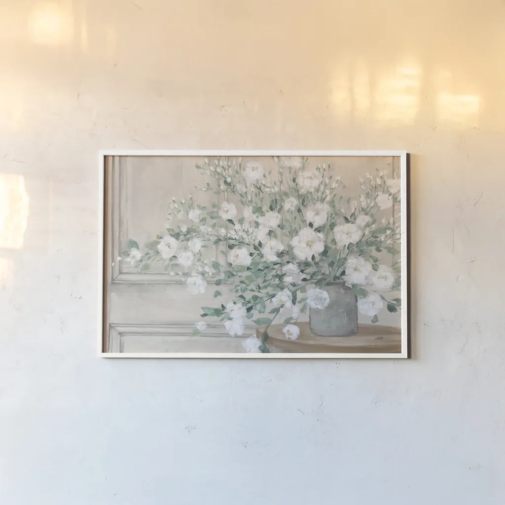White Bouquet Neutral by Julia Purinton. shown as a paper print in a white frame. Available as a archival giclee rolled canvas, fine art paper, or poster print. SKU 73674i.