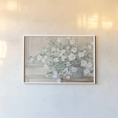 White Bouquet Neutral by Julia Purinton. shown as a paper print in a white frame. Available as a archival giclee rolled canvas, fine art paper, or poster print. SKU 73674i.