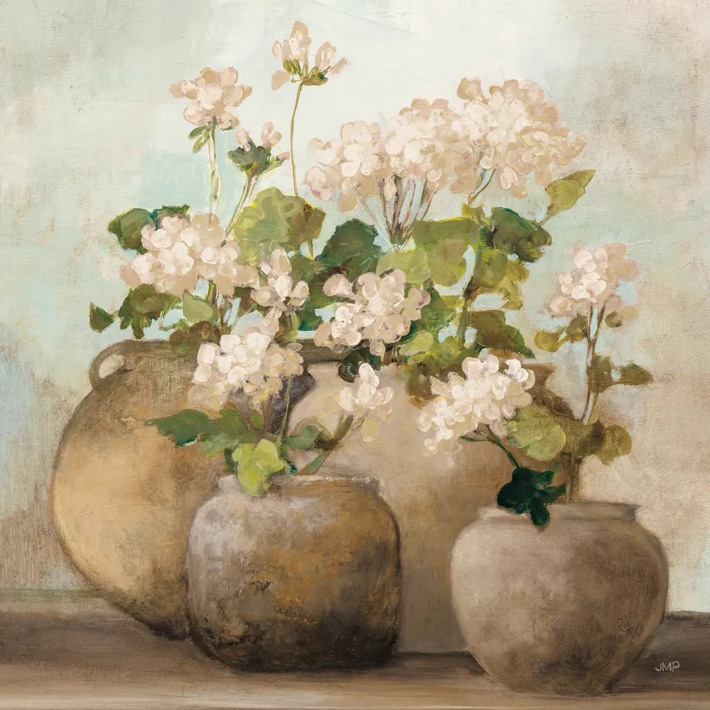 White Cottage Geraniums Sq by Julia Purinton. SKU 81830a. Archival Giclee Fine art print for wall decor.