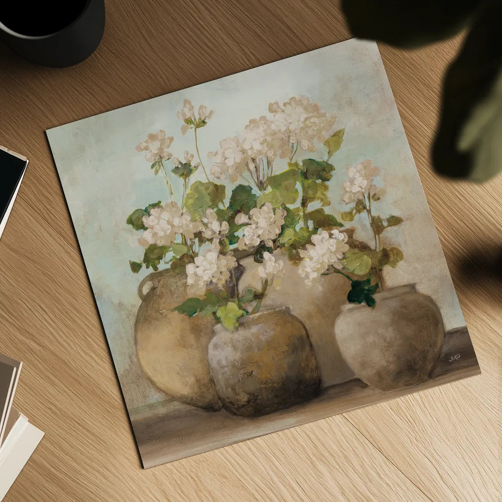 White Cottage Geraniums Sq by Julia Purinton. Shown as a detailed flat fine art print, highlighting archival giclee quality. Available as an archival giclee rolled canvas, fine art paper, or poster print. SKU 81830a.