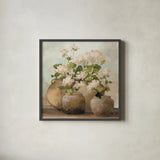 White Cottage Geraniums Sq by Julia Purinton. Shown in a sleek black glass frame for a contemporary gallery look. Available as an archival giclee rolled canvas, fine art paper, or poster print. SKU 81830a.