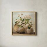 White Cottage Geraniums Sq by Julia Purinton. Shown in a natural wood glass frame for a timeless modern aesthetic. Available as an archival giclee rolled canvas, fine art paper, or poster print. SKU 81830a.