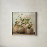 White Cottage Geraniums Sq by Julia Purinton. Shown in a crisp white glass frame for a clean and minimalist style. Available as an archival giclee rolled canvas, fine art paper, or poster print. SKU 81830a.
