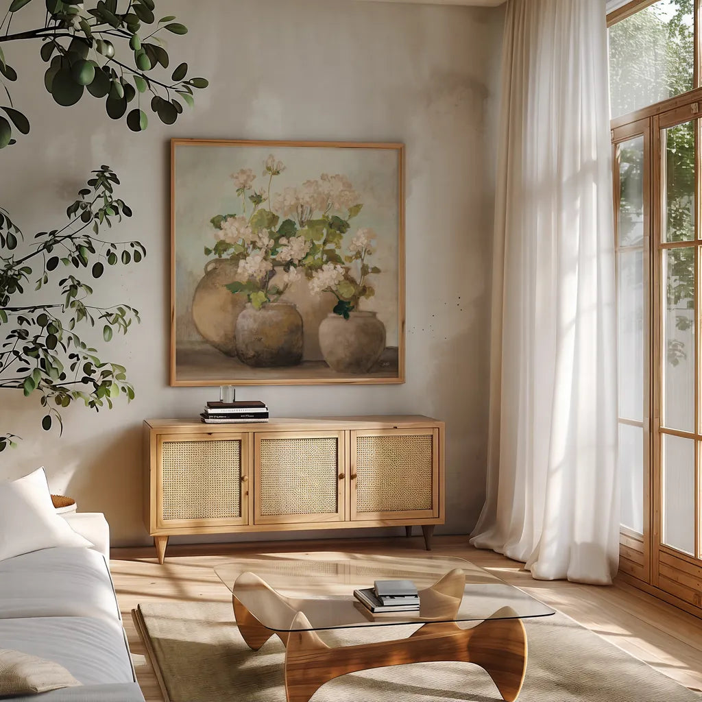 White Cottage Geraniums Sq by Julia Purinton. Shown in a natural wood frame in a cozy modern living room. Available as an archival giclee rolled canvas, fine art paper, or poster print. SKU 81830a.