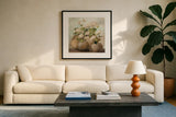 White Cottage Geraniums Sq by Julia Purinton. Displayed in a glass frame with matte in a clean modern living room. Available as an archival giclee rolled canvas, fine art paper, or poster print. SKU 81830a.