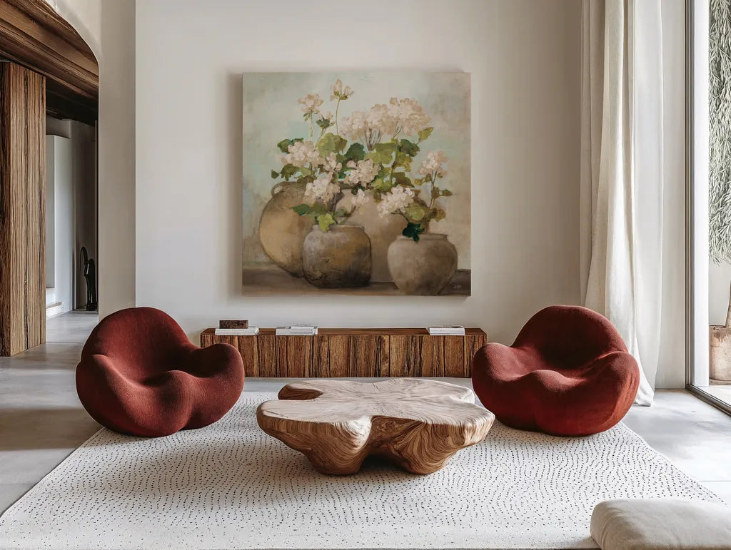 White Cottage Geraniums Sq by Julia Purinton. Shown as extra-large giant wall art in a modern living room. Available as an archival giclee rolled canvas, fine art paper, or poster print. SKU 81830a.