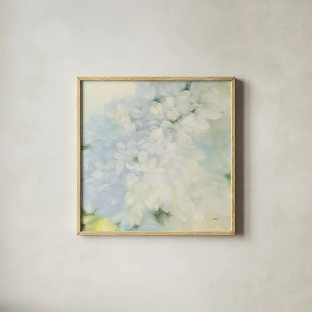 White Lilacs by Julia Purinton. Shown in a natural wood glass frame for a timeless modern aesthetic. Available as an archival giclee rolled canvas, fine art paper, or poster print. SKU 33433a.