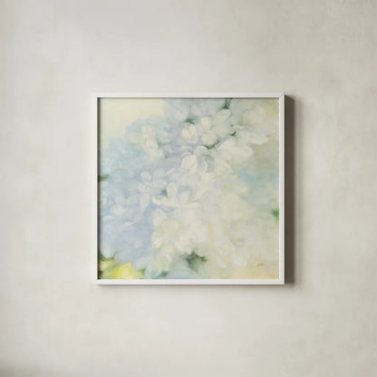 White Lilacs by Julia Purinton. Shown in a crisp white glass frame for a clean and minimalist style. Available as an archival giclee rolled canvas, fine art paper, or poster print. SKU 33433a.