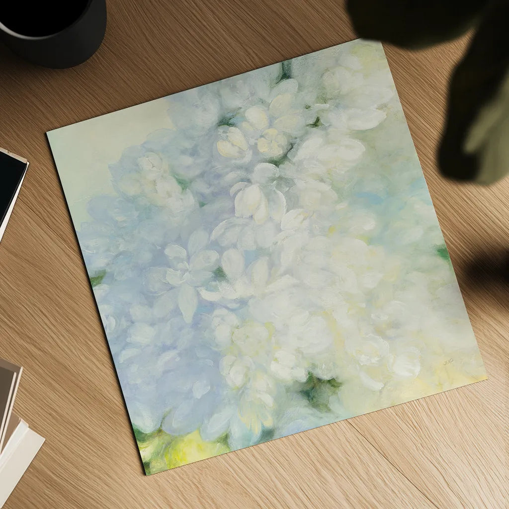 White Lilacs Bright by Julia Purinton. Shown as a detailed flat fine art print, highlighting archival giclee quality. Available as an archival giclee rolled canvas, fine art paper, or poster print. SKU 34177a.