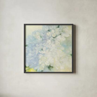 White Lilacs Bright by Julia Purinton. Shown in a sleek black glass frame for a contemporary gallery look. Available as an archival giclee rolled canvas, fine art paper, or poster print. SKU 34177a.
