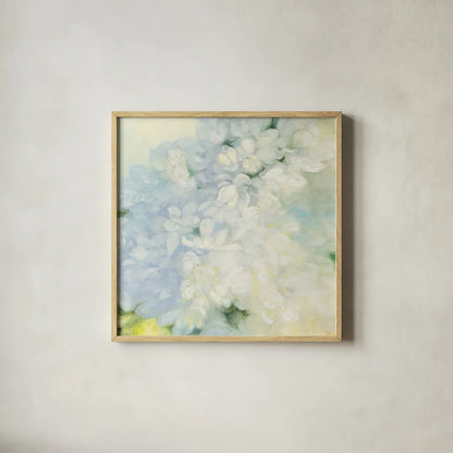 White Lilacs Bright by Julia Purinton. Shown in a natural wood glass frame for a timeless modern aesthetic. Available as an archival giclee rolled canvas, fine art paper, or poster print. SKU 34177a.