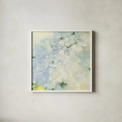 White Lilacs Bright by Julia Purinton. Shown in a crisp white glass frame for a clean and minimalist style. Available as an archival giclee rolled canvas, fine art paper, or poster print. SKU 34177a.