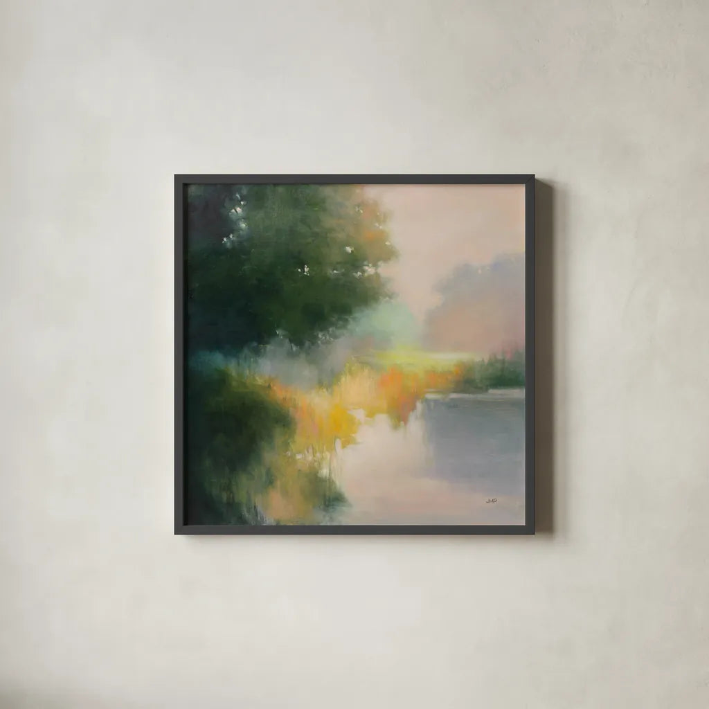 White Oak Pond by Julia Purinton. Shown in a sleek black glass frame for a contemporary gallery look. Available as an archival giclee rolled canvas, fine art paper, or poster print. SKU 88401a.