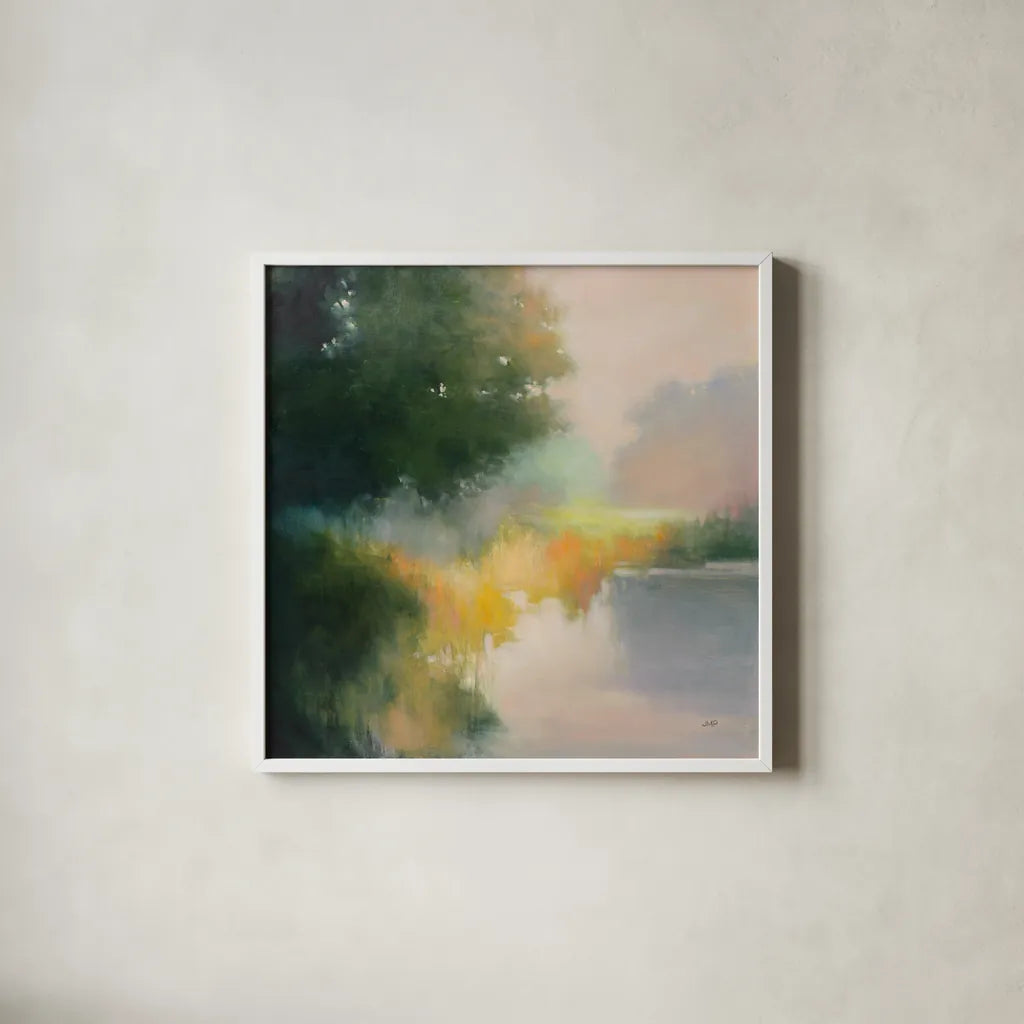 White Oak Pond by Julia Purinton. Shown in a crisp white glass frame for a clean and minimalist style. Available as an archival giclee rolled canvas, fine art paper, or poster print. SKU 88401a.