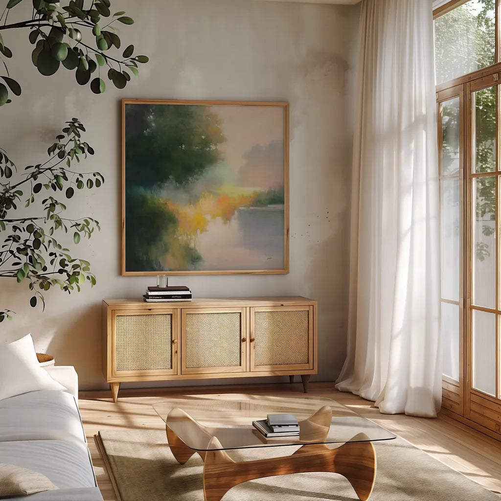 White Oak Pond by Julia Purinton. Shown in a natural wood frame in a cozy modern living room. Available as an archival giclee rolled canvas, fine art paper, or poster print. SKU 88401a.