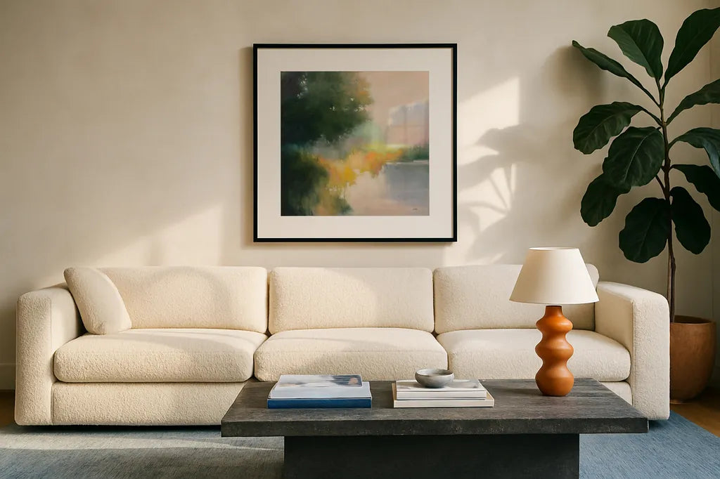 White Oak Pond by Julia Purinton. Displayed in a glass frame with matte in a clean modern living room. Available as an archival giclee rolled canvas, fine art paper, or poster print. SKU 88401a.