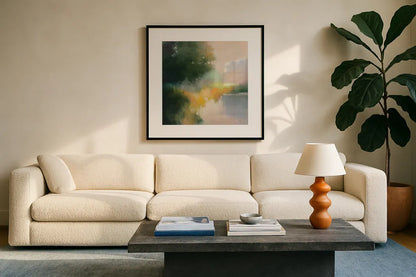 White Oak Pond by Julia Purinton. Displayed in a glass frame with matte in a clean modern living room. Available as an archival giclee rolled canvas, fine art paper, or poster print. SKU 88401a.