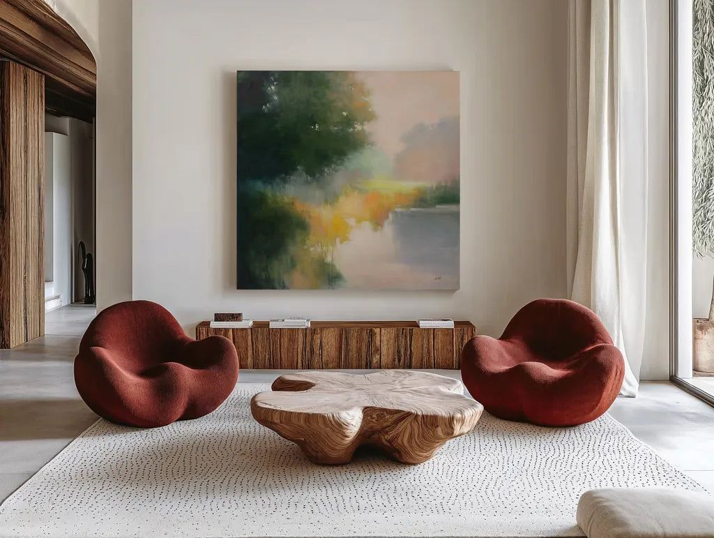 White Oak Pond by Julia Purinton. Shown as extra-large giant wall art in a modern living room. Available as an archival giclee rolled canvas, fine art paper, or poster print. SKU 88401a.