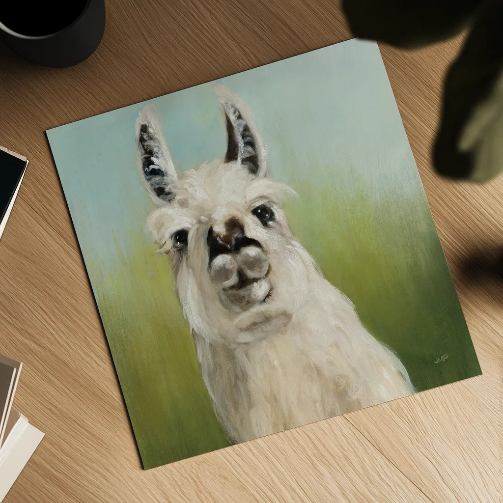 Whos Your Llama I Crop by Julia Purinton. Shown as a detailed flat fine art print, highlighting archival giclee quality. Available as an archival giclee rolled canvas, fine art paper, or poster print. SKU 36176a.