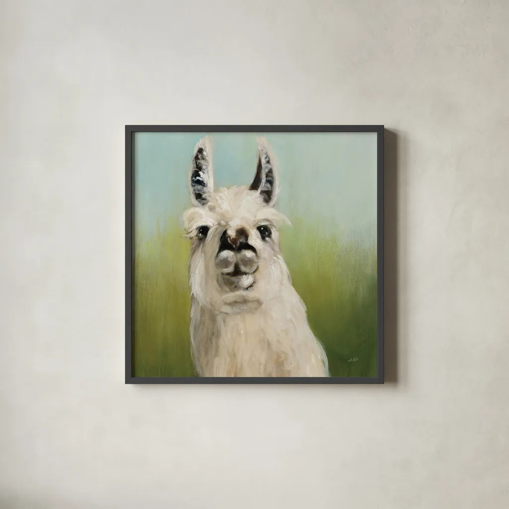 Whos Your Llama I Crop by Julia Purinton. Shown in a sleek black glass frame for a contemporary gallery look. Available as an archival giclee rolled canvas, fine art paper, or poster print. SKU 36176a.